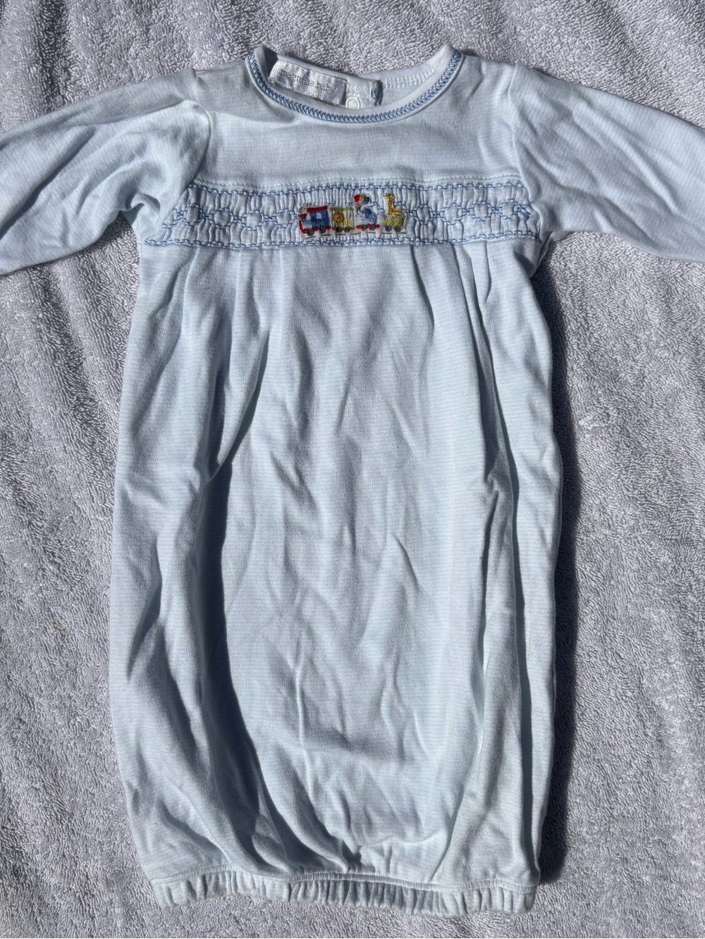Kissy Kissy Light Blue Smocked Train Embroidered Sleep Sack